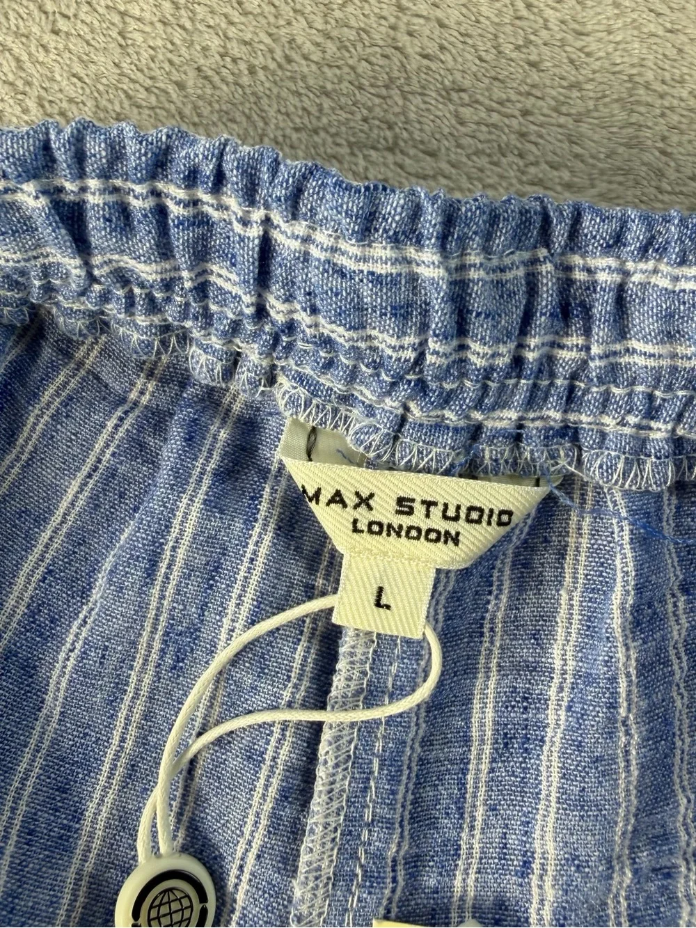 Max Studio London Womens Wide Leg Trousers L Blue White Striped Drawstring